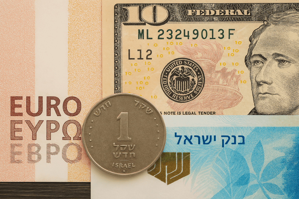 שקל, יורו ודולר. צילום: ChatGPT