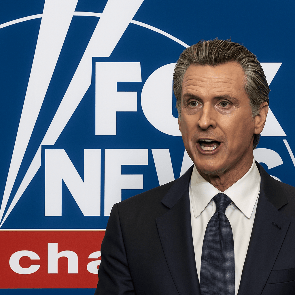 מושל קליפורניה גאווין כריסטופר ניוסם על רקע הלוגו של פוקס ניוז