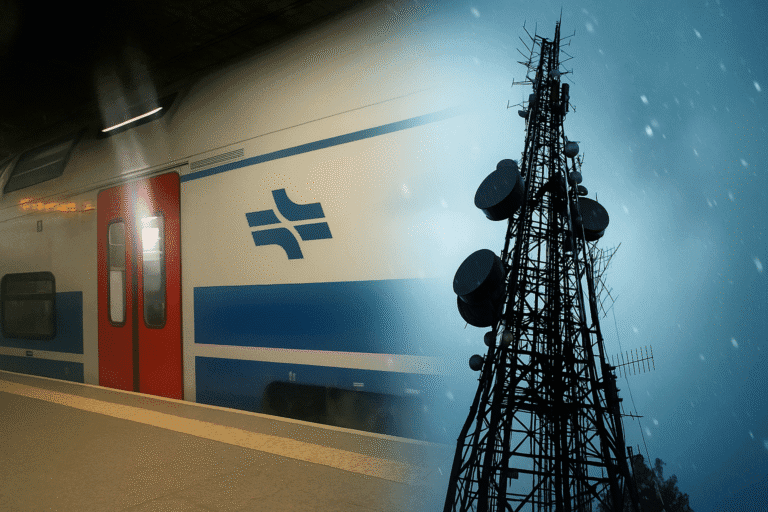 רכבת ישראל בתחנה עם אנטנה סלולרית ברקע, פרויקט שדרוג הקליטה לטלפונים כשרים לאורך פסי הרכבת בישראל צילום שטריימל דוט קום