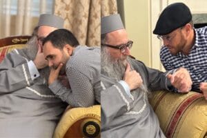 שוקי סלומון ואיציק אוחנה מקבלים את ברכתו של הרב פינטו בביתו שבמנהטן