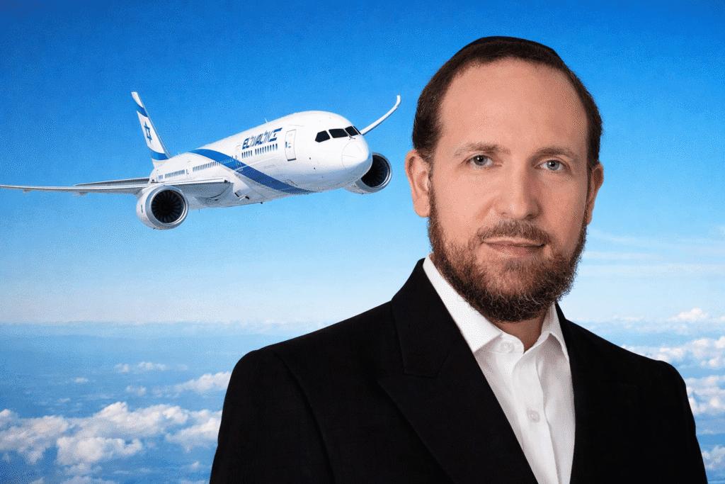 משה מורגנשטרן על רקע מטוס אל על. צילום: אילוסטרציה