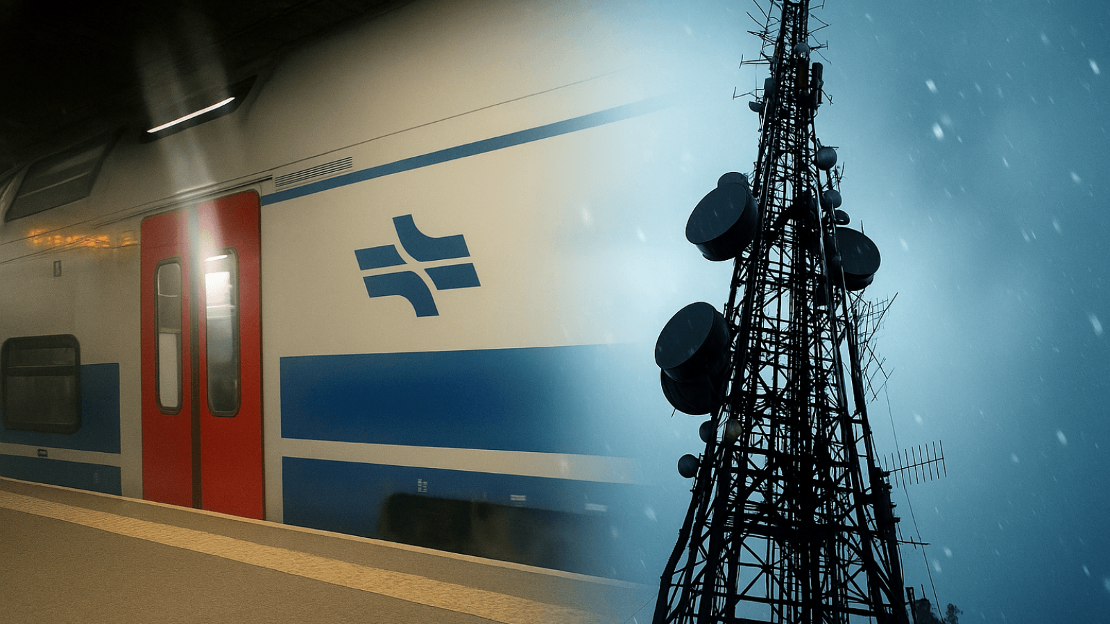 רכבת ישראל בתחנה עם אנטנה סלולרית ברקע, פרויקט שדרוג הקליטה לטלפונים כשרים לאורך פסי הרכבת בישראל צילום שטריימל דוט קום